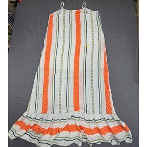 Striped Sleeveless Maxi Dress Ruffle Hem Size M Boho Beachy White Orange Green